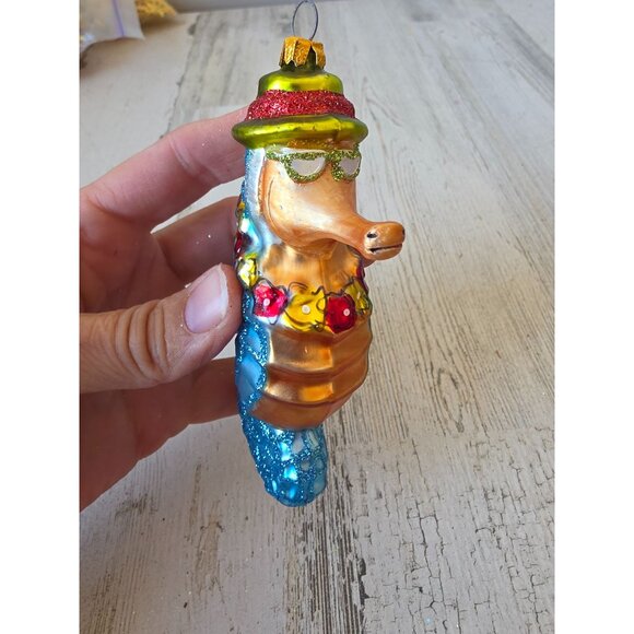 Blue glitter seahorse Hawaiian glass ornament Xmas tree - Picture 2 of 8